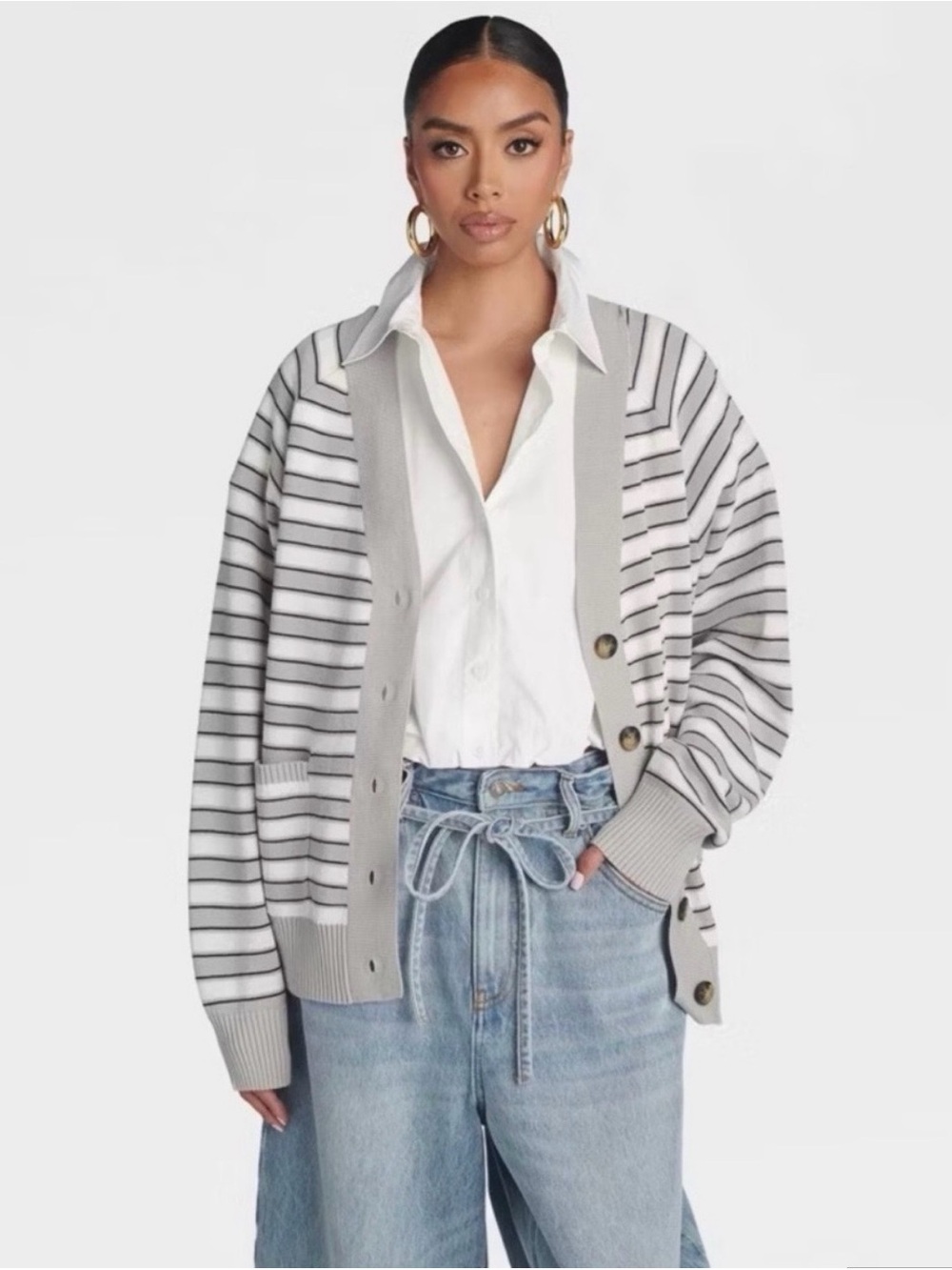 KBB by Kahlana Oversized Striped Button Front Cardigan Sweater Size S NWOT